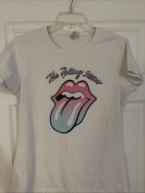 The Rolling Stones White Tee with Pink and Light Blue Tongue Graphic